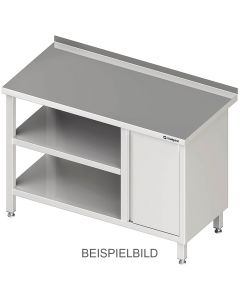 Arbeitstisch mit Grund- und Zwischenboden, 1400x600x850 mm, mit Flügeltürschrank links, mit Aufkantung, verschweißt