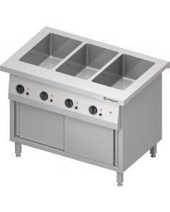 Bain-Marie-Station "Free Flow" 3x GN1/1-Becken, mit Wärmeschrank und Schiebetüren, 1132x750x880 mm Edelstahlabdeckung